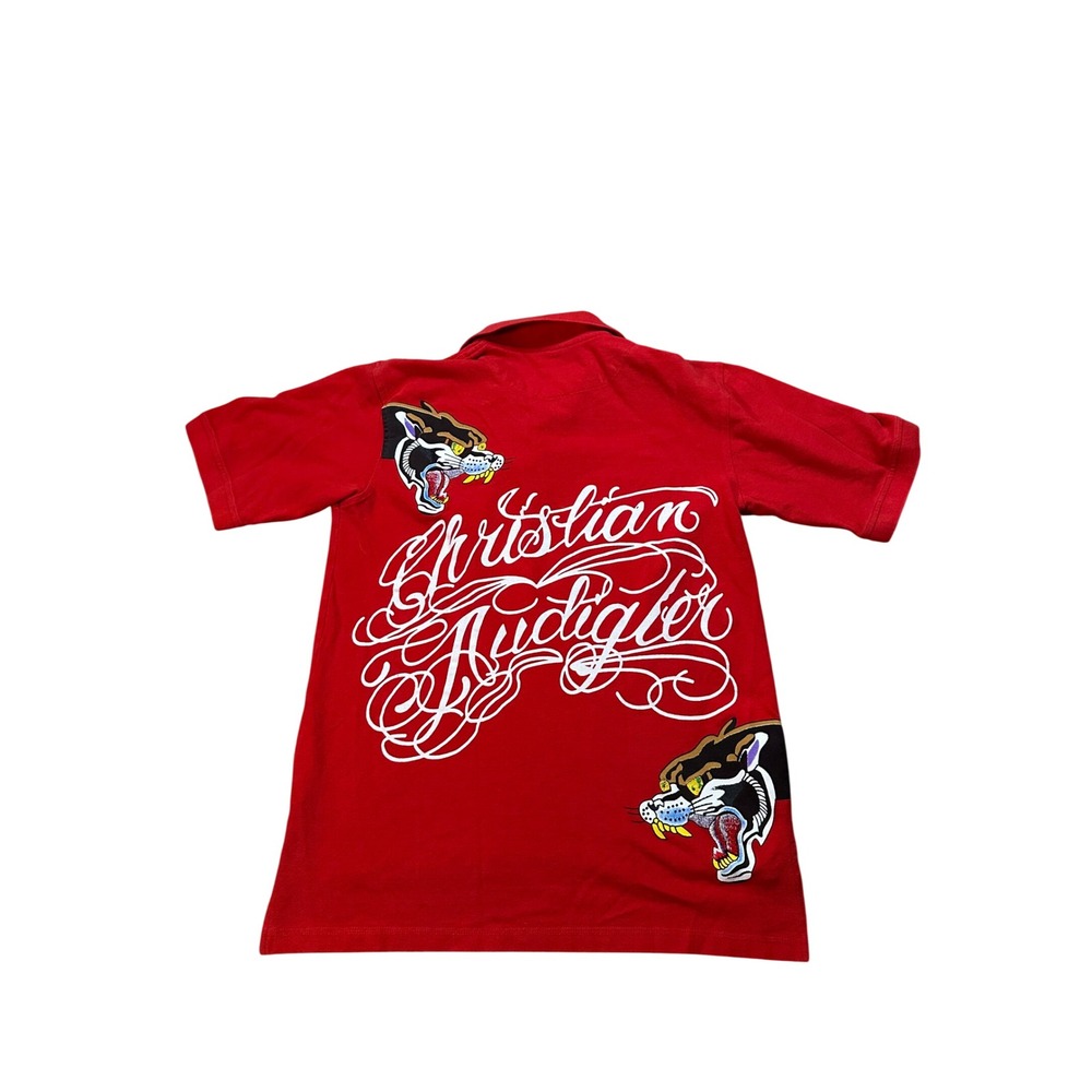 Christian Audigier Mens Red Panther Graphic Polo Shirt Large Short Sleeve Script